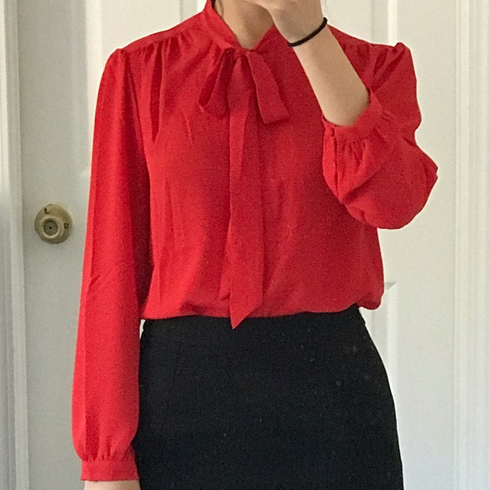 NWOT J. Crew Red Bow Tie Button Up Blouse XS - Picture 5 of 9